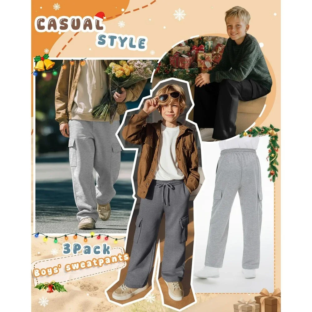 LessonZoo Boys' Gray Dark 3 Pack Cargo Sweatpants Drawstring Elastic Waist M